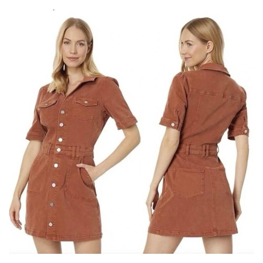PAIGE Womens Mayslie Denim Mini Dress 2 Terracotta Button Front Pockets Utility